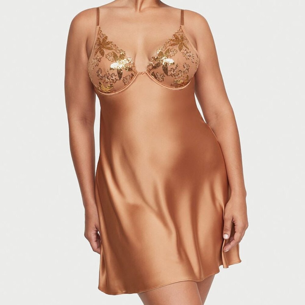 NWT Victoria's Secret Gold Sequined Ziggy Glam Floral Embroidery Underwire Slip